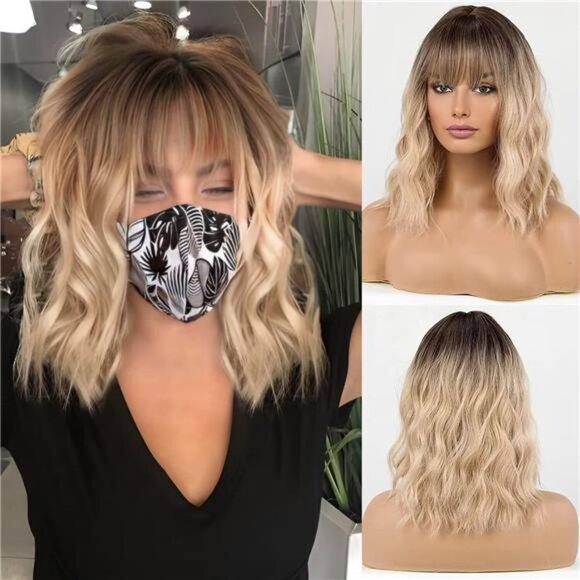 Wigs for Women Layered Synthetic Hair Wig with Highlight -  Blonde with Dark Roo